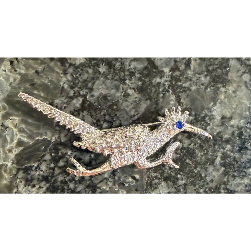 Vintage Silver-Tone Roadrunner Brooch With Blue Crystal Eye Gerrys?